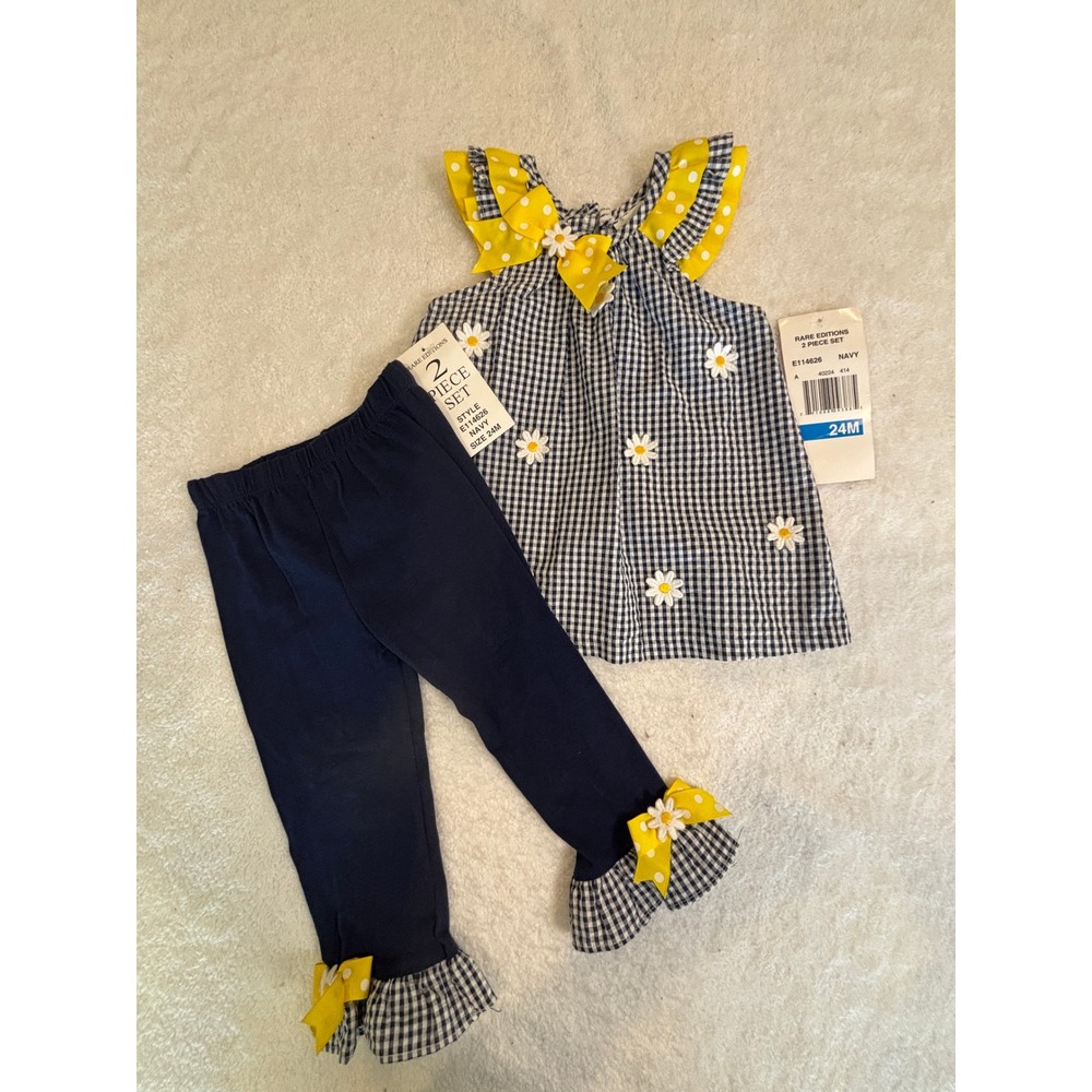Rare Editions Girls 24M Navy Gingham Daisy 2 Piece Tunic and Leggings Set